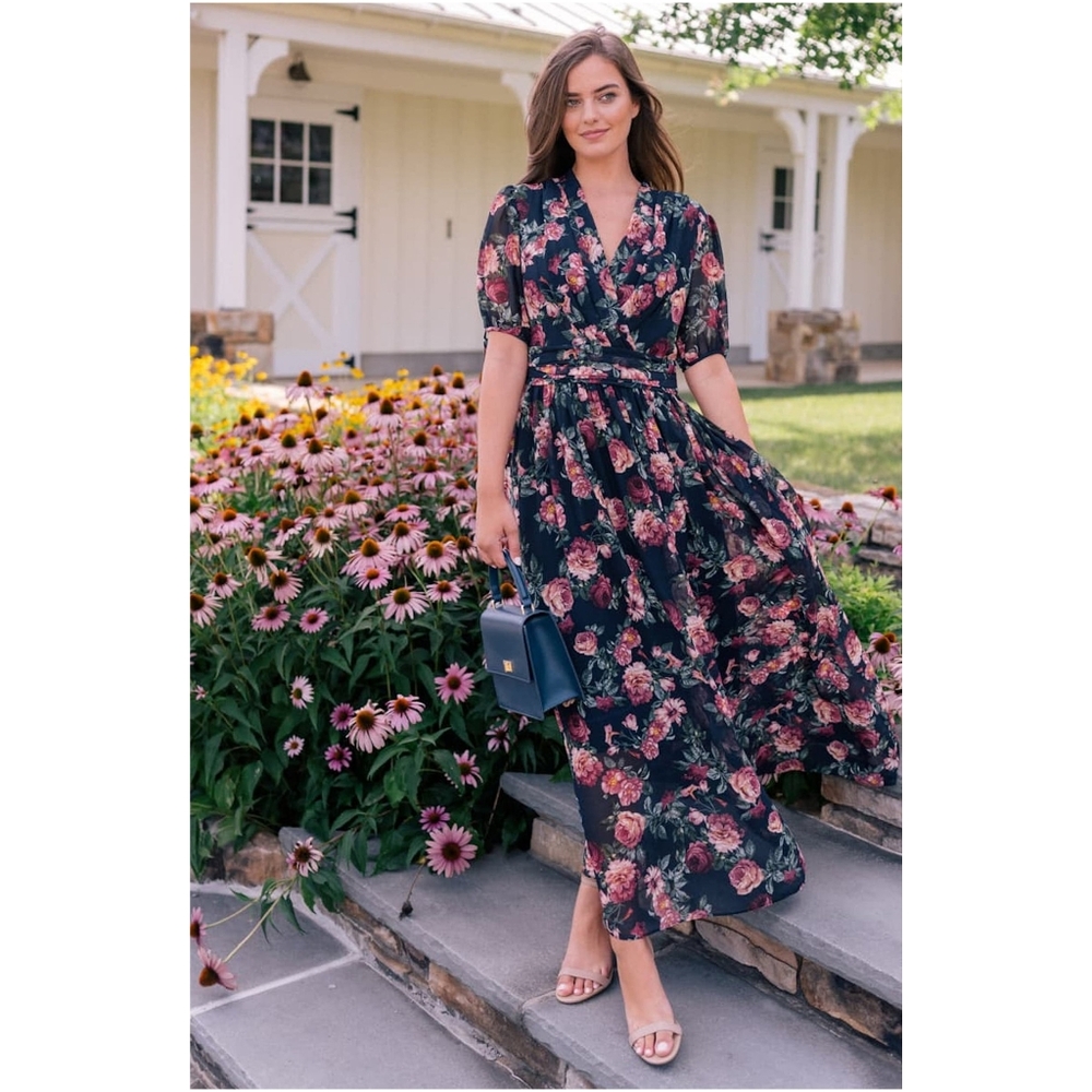 GAL MEETS GLAM Ashlynn Floral Print Chiffon Maxi Dress Navy sz 4 Women's